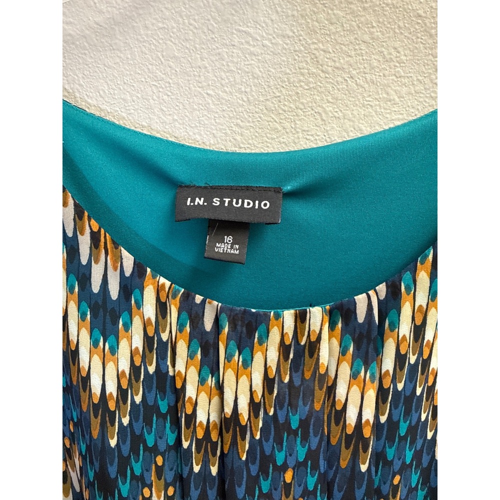 I.N. Studio Womens Size 16 Sheath Dress Geometric Print Split Sleeve Black Blue - Picture 2 of 7